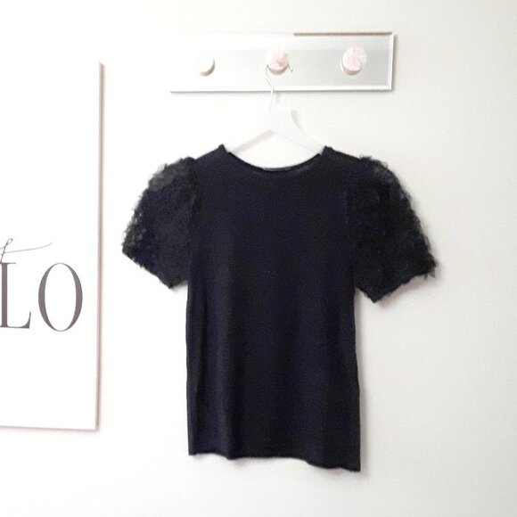 EUC Zara black tulle accented statement sleeve knit-like sweater top, S - Picture 7 of 13